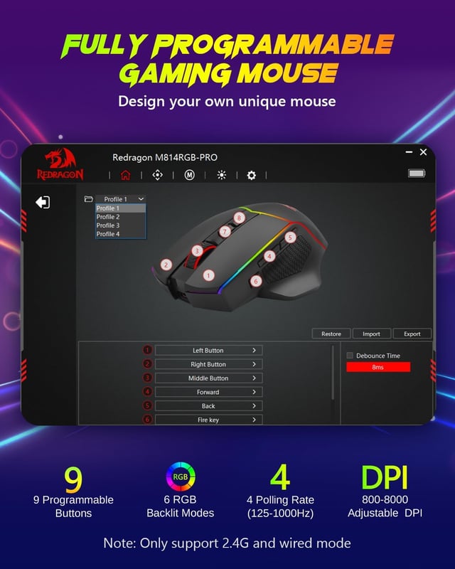 Redragon M814 RGB-Pro Gaming Mouse 8000 DPI Dual-Mode - 5