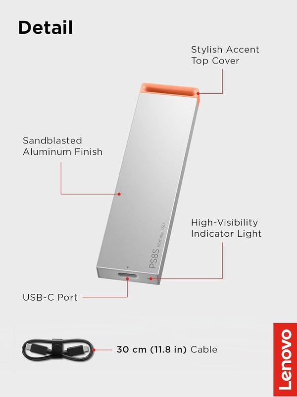 وحدة تخزين خارجية لينوفو PS8S بسعة 2 تيرابايت USB-C محمولة رمادي - 6