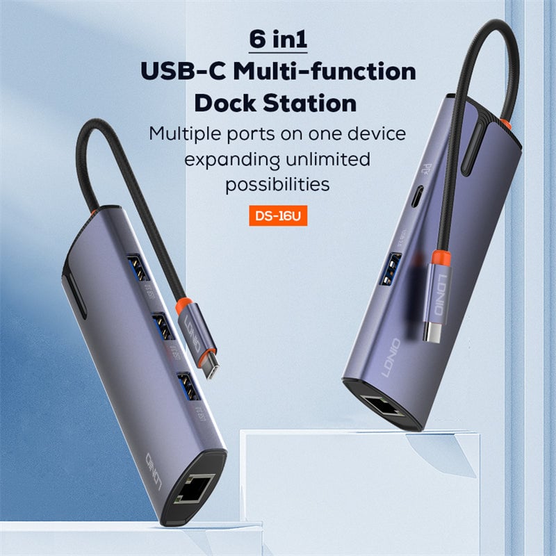 محول LDNIO DS-16U 6-Port USB 3.0 مع إيثرنت و 100W PD رمادي - 10