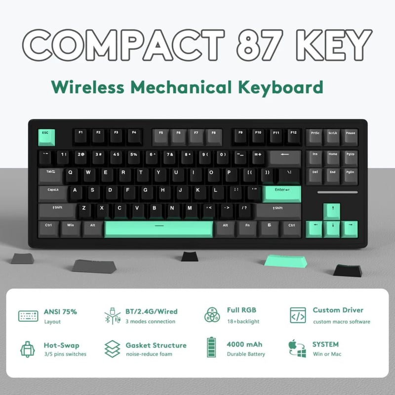 Attack Shark M87 Wireless Mechanical Keyboard 75% Black Green - 2