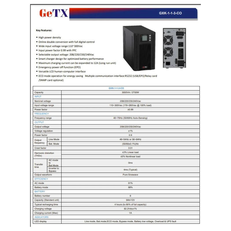 GeTX Online GXK-1-1-3-CO 3000VA 2700W Online Double-Conversion UPS - 4