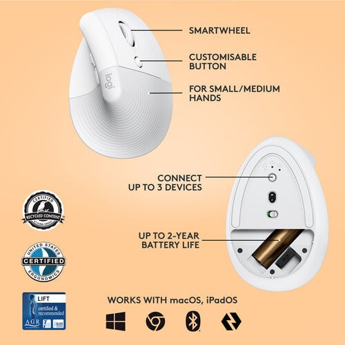 ماوس Logitech Lift Vertical Ergonomic 4000 DPI لاسلكي وردي - 23