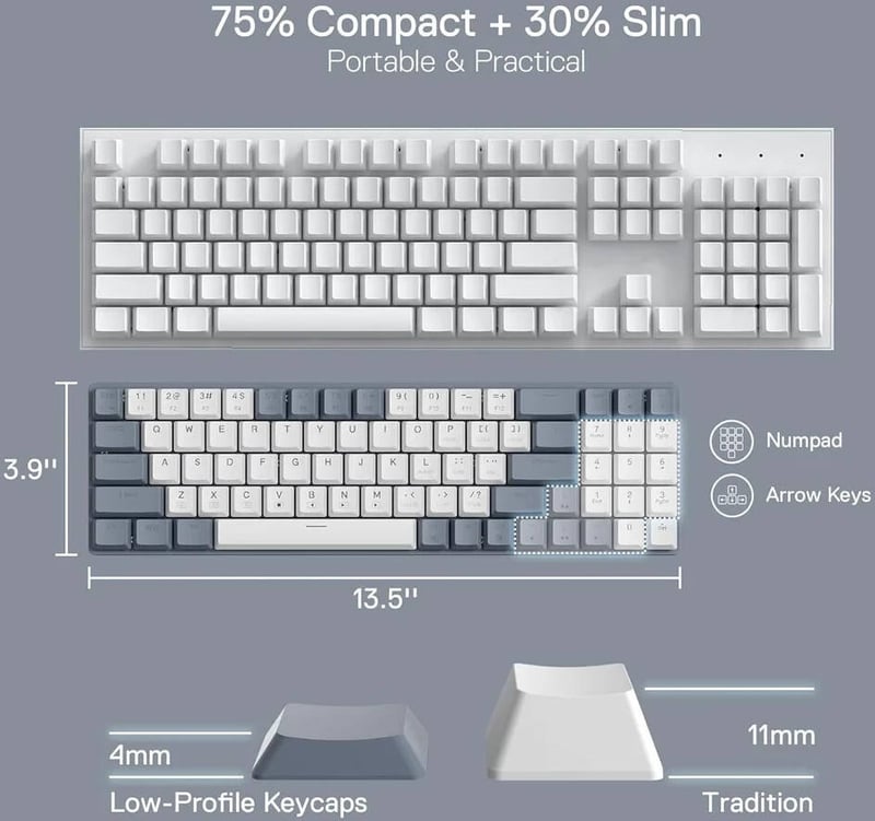 Redragon BS-8772 94key Low Profile Combo Dual-Mode Keyboard & Mouse Grey/White - 3