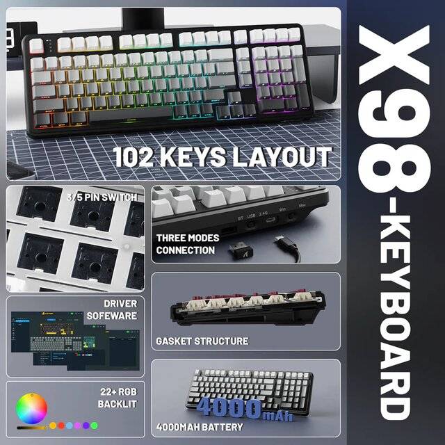 كيبورد Attack Shark X98 Full-Size ميكانيكي لاسلكي ثلاثي الأوضاع RGB أسود - 3