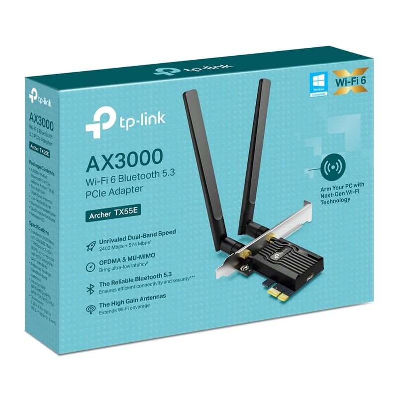 محول TP-Link Archer TX55E AX3000 WiFi 6 Bluetooth 5.3 PCIe - 5