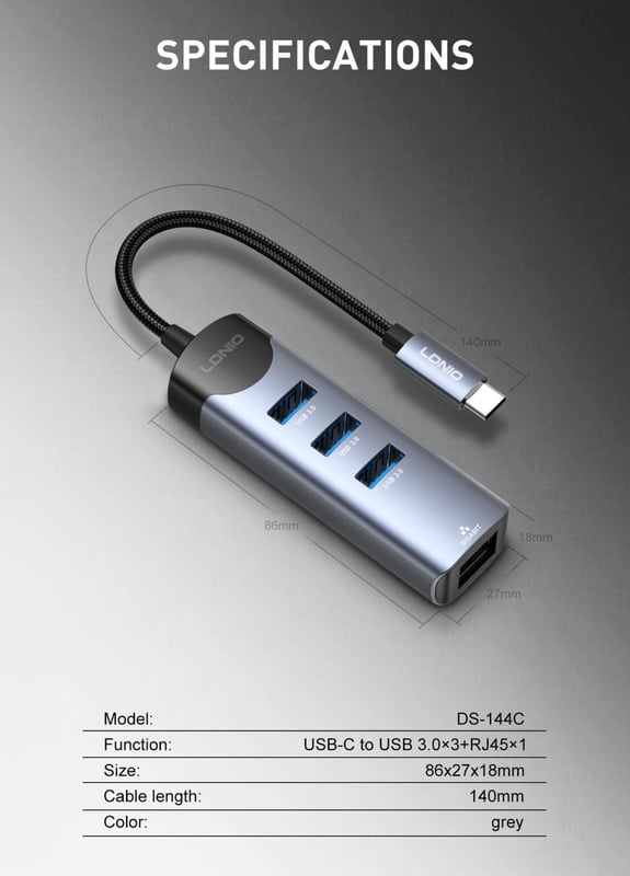 LDNIO DS-144C 4-Port USB 3.0 USB Hub Gray - 7