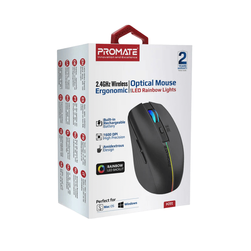 Promate Kitt Wireless Ergonomic Optical Mouse LED Rainbow - 8