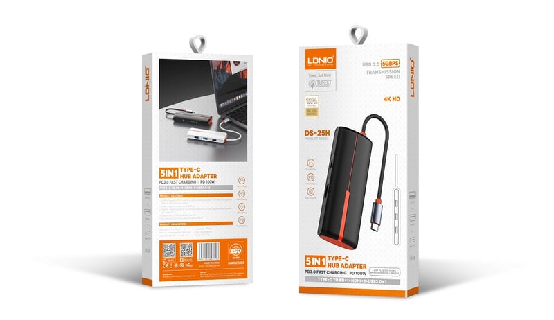 محول USB LDNIO DS-25H 5-Port USB 3.0 مع USB-C إلى HDMI 100W - 5