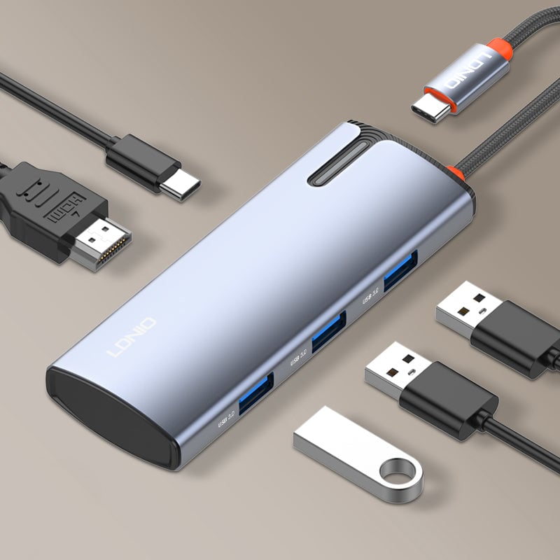 محول LDNIO DS-15H 5 في 1 USB-C مع HDMI 4K و 100W PD و 3x USB 3.0 - 7