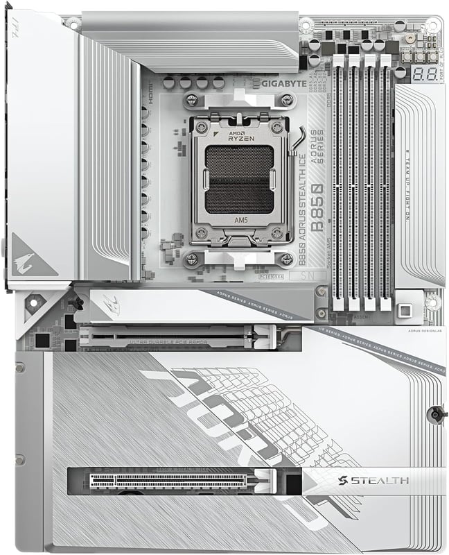 لوحة أم جيجابايت أوروس GIGABYTE B850 AORUS Stealth ICE البيضاء بمقبس AMD AM5 ودعم ذاكرة DDR5 بحجم ATX - 3