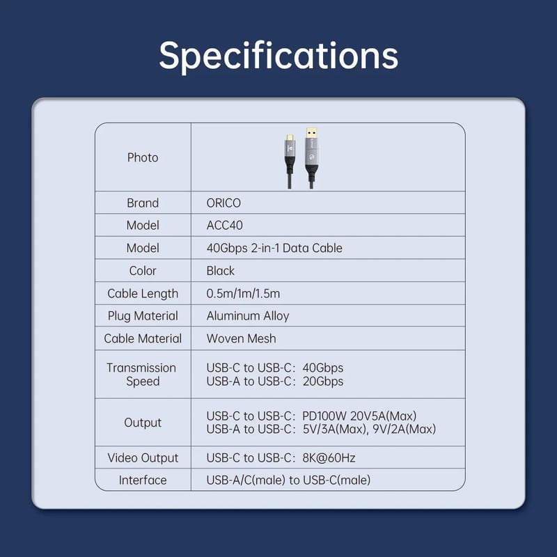 كيبل Orico USB-C إلى USB-C 40Gbps 1.5m أسود - 8