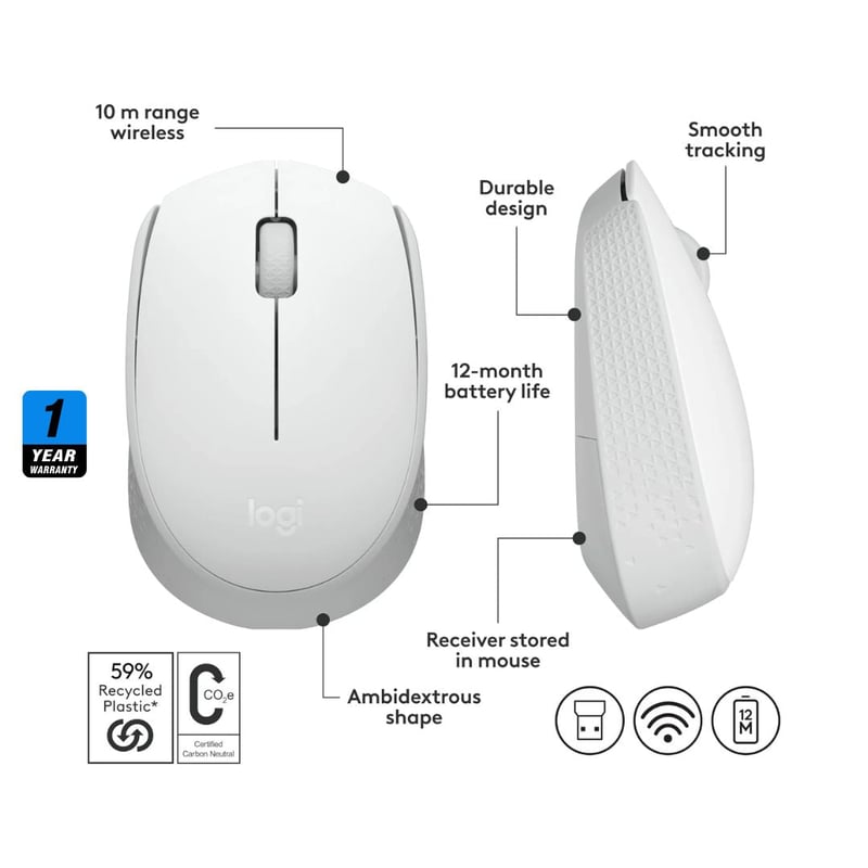 ماوس Logitech M171 1000 DPI لاسلكي أبيض - 3