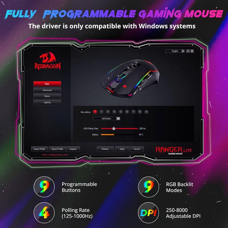 ماوس Redragon Griffin M602-KS 16000 DPI Dual-Mode RGB أسود - 9