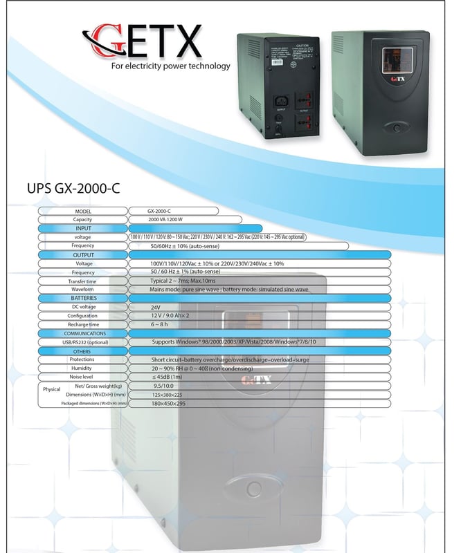 يو بي إس GeTX GXK-2000-C 2000VA 1200W Line-Interactive 12V 9Ah (2x) - 8