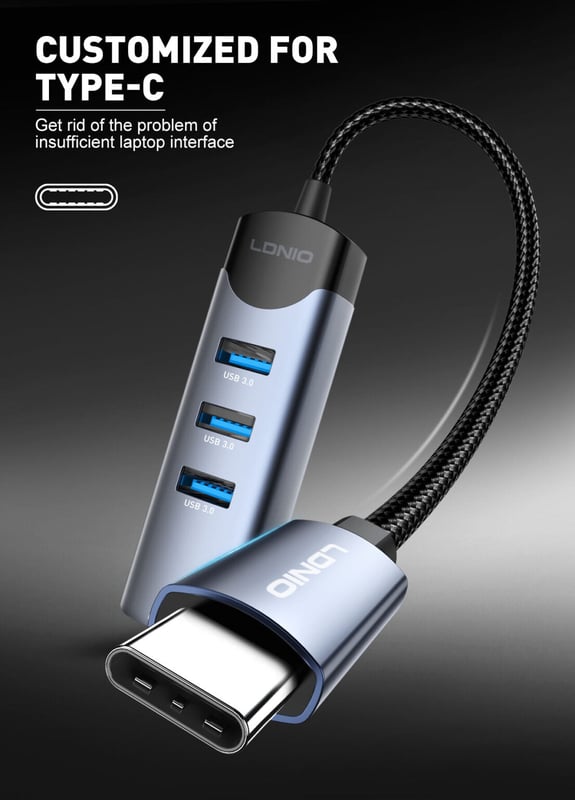 LDNIO DS-144C 4-Port USB 3.0 USB Hub Gray - 10