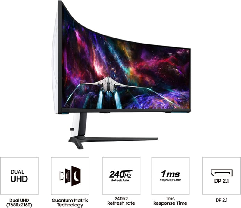 شاشة ألعاب سامسونج أوديسي نيو G9 G95NC منحنية فائقة الاتساع بحجم 57 بوصة (دقة Dual UHD - تقنية Quantum Mini-LED - تردد 240Hz - استجابة 1ms - انحناء 1000R) - 3
