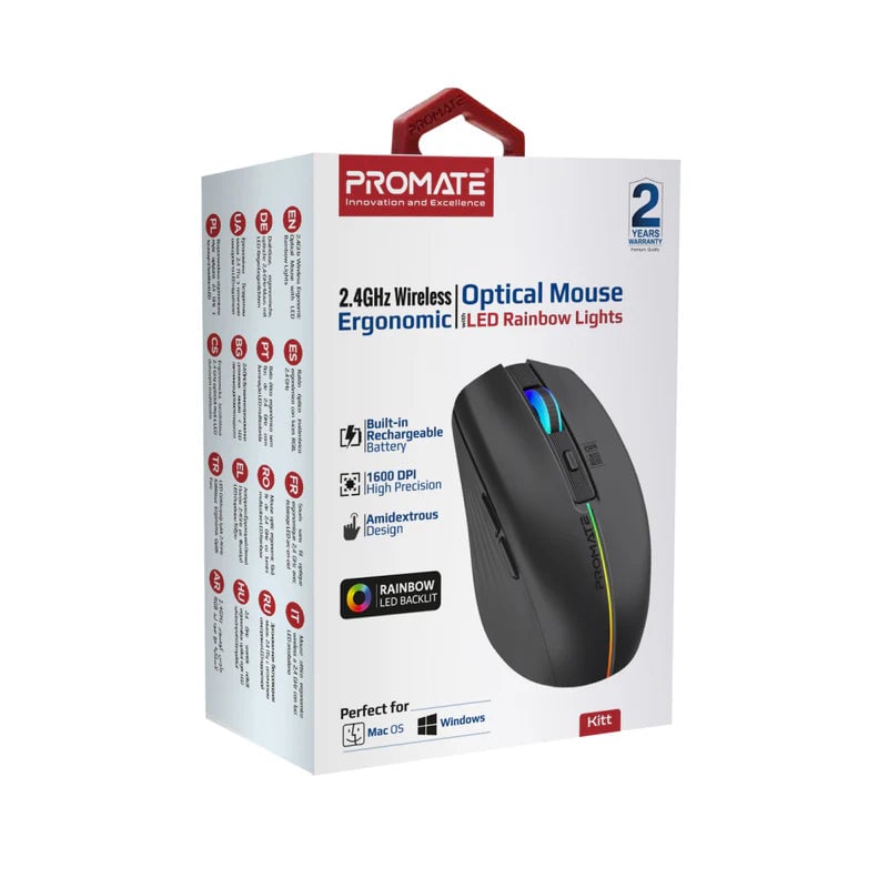 Promate Kitt Wireless Ergonomic Optical Mouse LED Rainbow - 9
