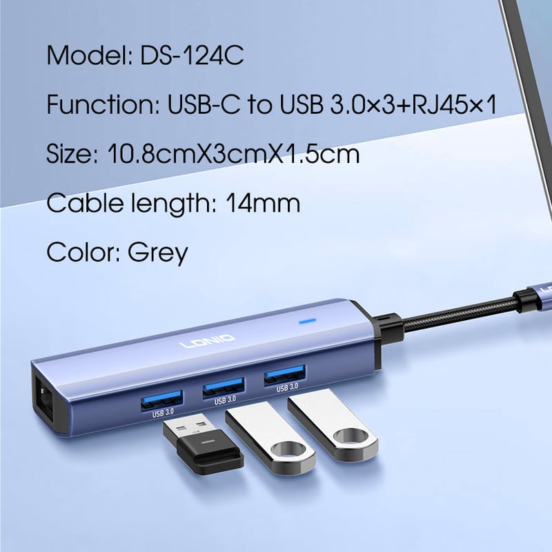 محول USB LDNIO DS-124C USB-C 3.0 مع USB-A و RJ45 Ethernet - 8