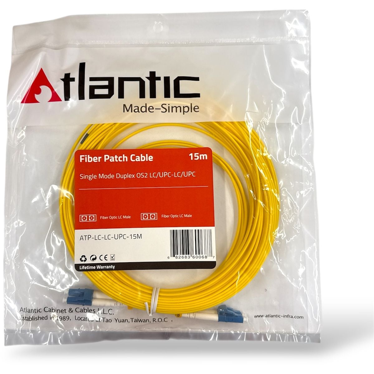 Atlantic Fiber Optic Patch Cord LC-to-LC Single Mode OS2 Duplex 15m - 1