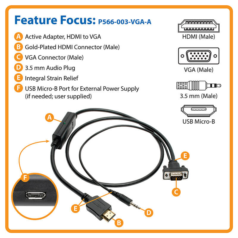 Tripp-Lite HDMI to VGA Active Converter Cable to HD15 + 3.5mm 3ft - 1