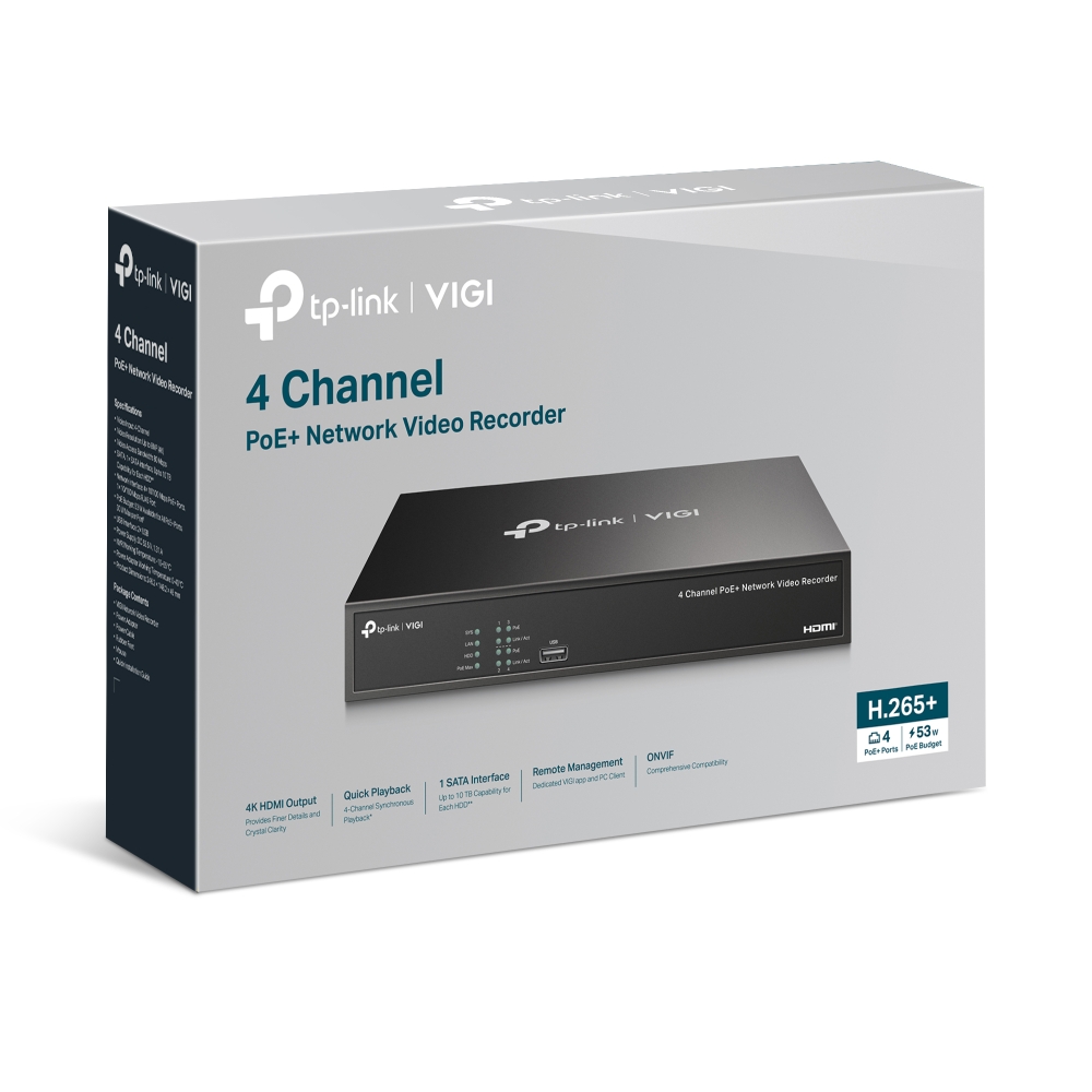 مسجل فيديو شبكي TP-Link VIGI NVR1004H-4P بـ 4 قنوات PoE+ - 1